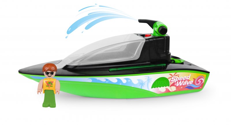 Lena BOAZZ Sportboot 36 cm, speelgoedboot geschikt voor binnen en buiten, voor kinderen vanaf 2 jaar, cabine om te openen, twee zitplaatsen plus speelfiguur